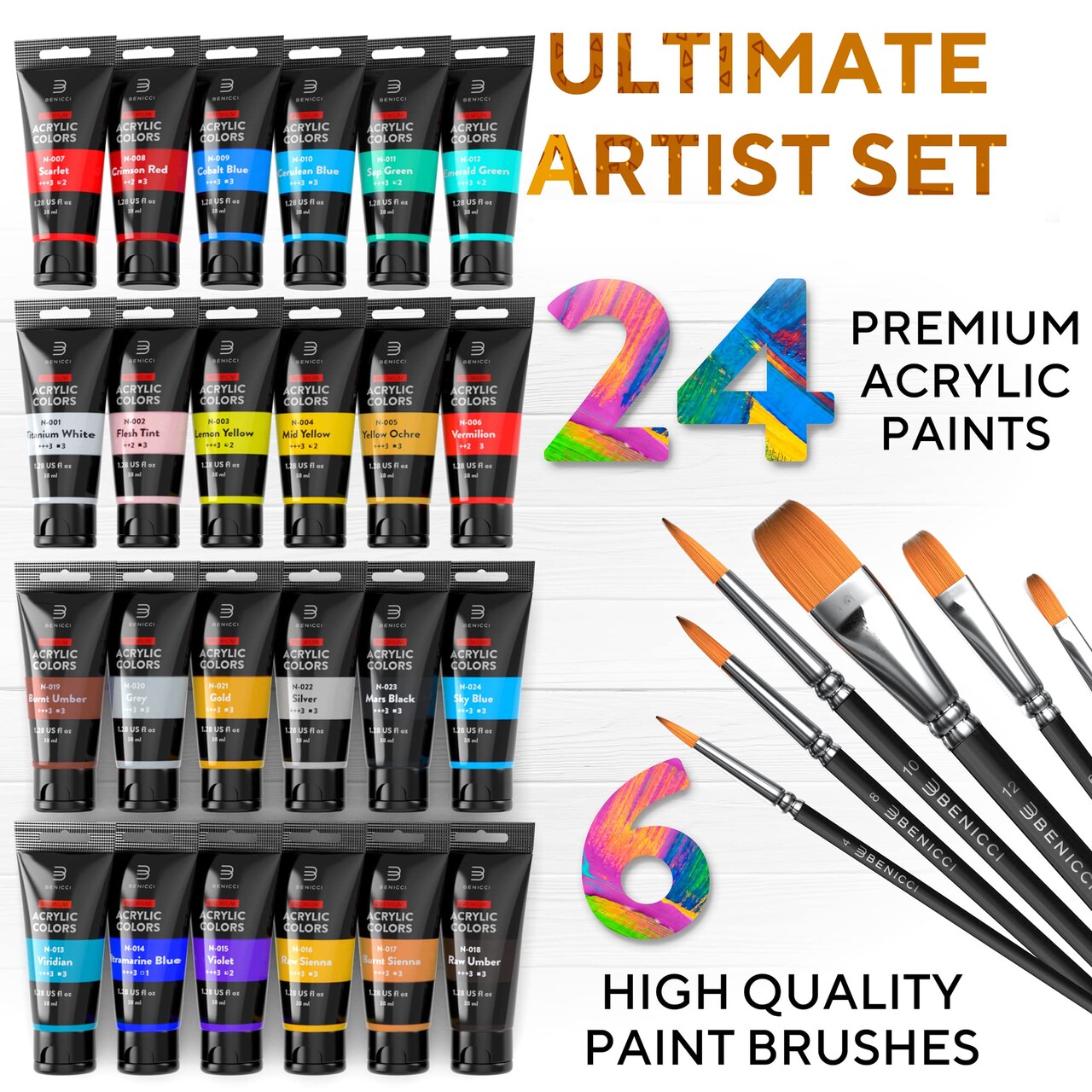 24 Colors Premium Quality Acrylic Paint Set - 1.28oz (38ml) - with 6 Nylon Brushes - Safe for Kids & Adults - Perfect Kit for Beginners, Pros & Artists to Create Amazing Paintings and Artwork